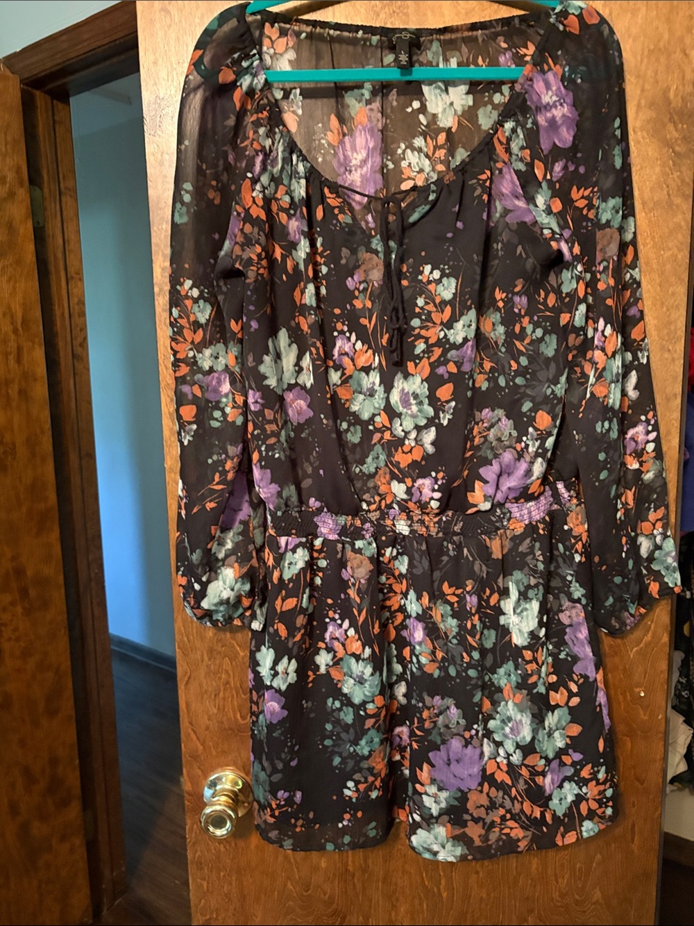 Jessica Simpson Black Floral Long-Sleeve Tie-Neck Dress